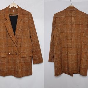 Free People Sporty Uptown Girl Blazer Plaid Longline Academia Tan Brown Large L